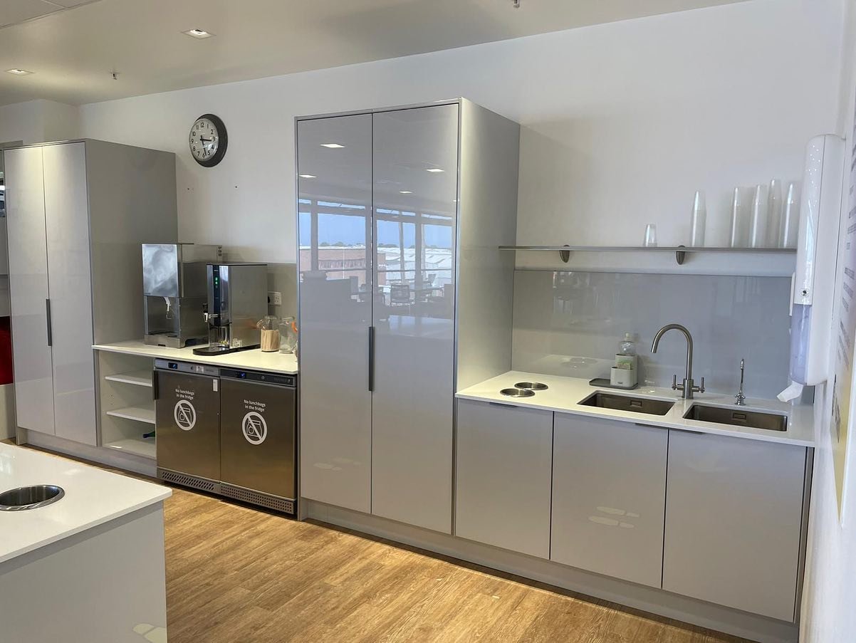 Modern Office Canteen Fit-Out with Phoenix Gloss Light Grey | Dublin image 1
