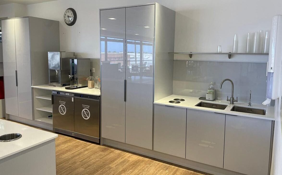 Modern Office Canteen Fit-Out with Phoenix Gloss Light Grey | Dublin