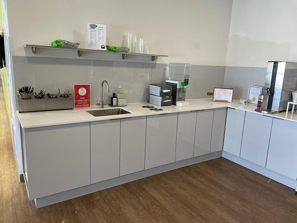 Modern Office Canteen Fit-Out with Phoenix Gloss Light Grey | Dublin image 5